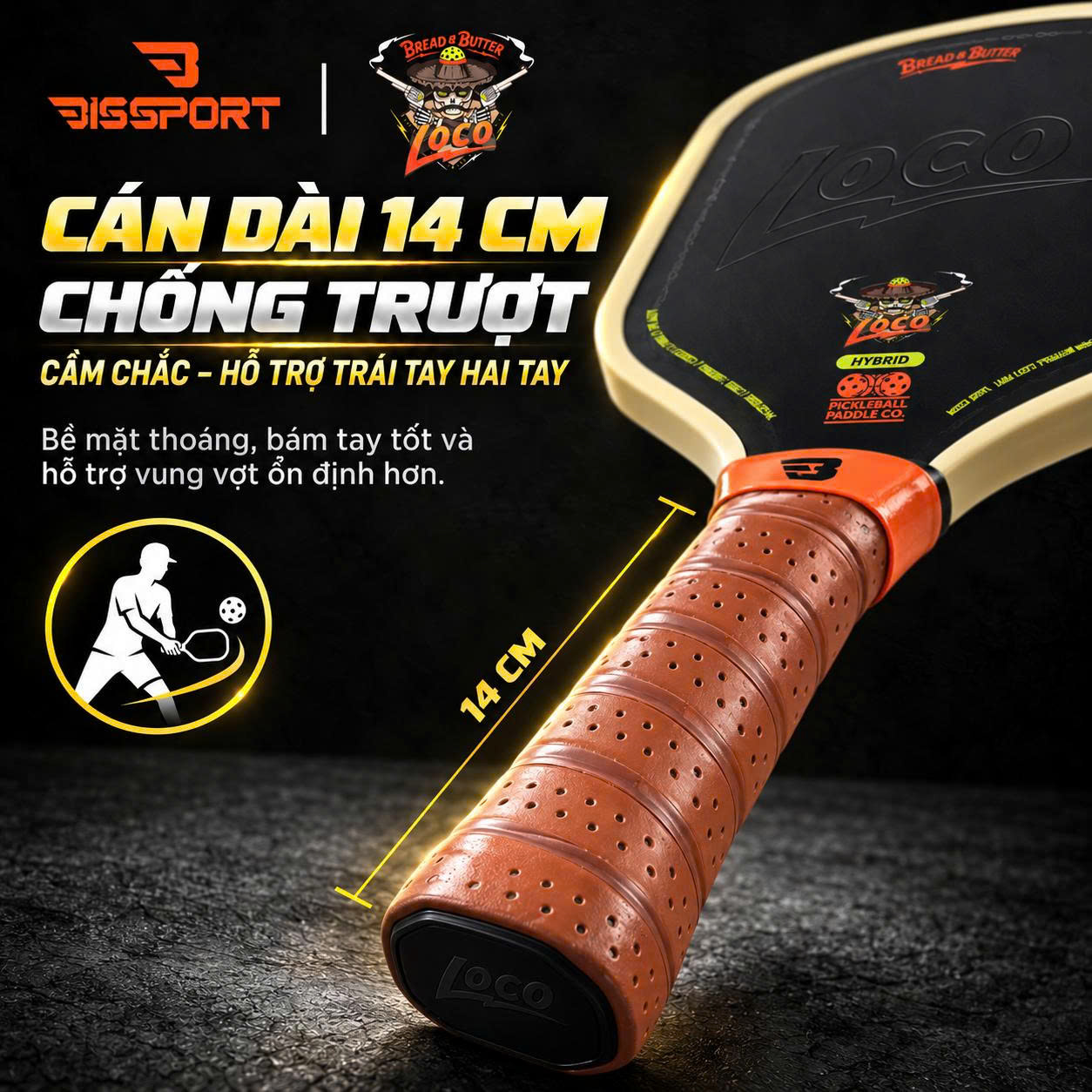 Vợt Pickleball LOCO Hybrid Chính Hãng - Màu Đen - 16mm - Bền Chắc - Siêu Nhám - Bám Bóng - Toàn Diện - Ổn Định